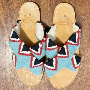 Ilano X Ndavaa Aztec Hand Loomed Wool Jing Leather Sandals Blue Red Women’s 7